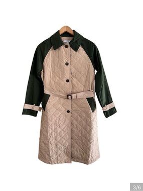 Ann Taylor Quilted Two-Tone Trench Coat in Beige and Dark Green